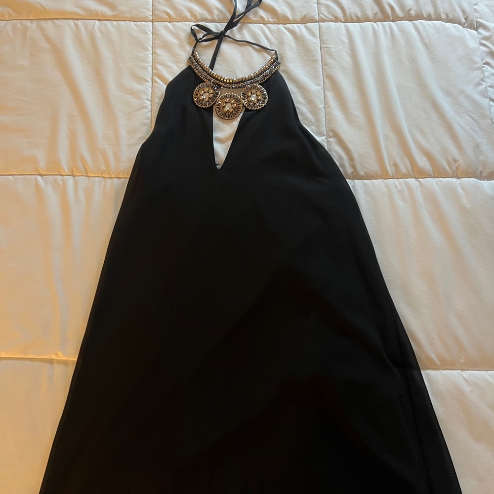 bebe Black Backless Dress with Embellished Neckline